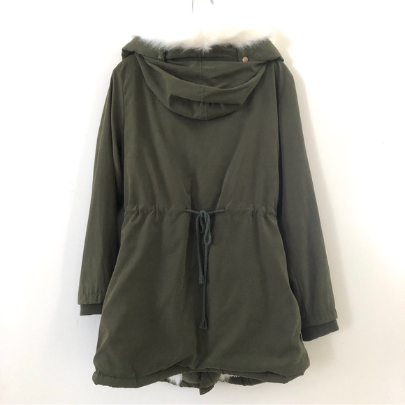 Roiii Womens Green Hooded Parka Coat Faux Fur Trim Sherpa Fleece Lining Zipper - Picture 6 of 16